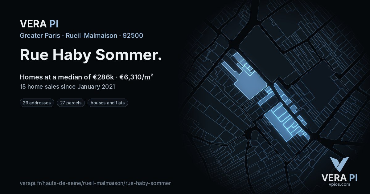 Rue Haby Sommer, Rueil-Malmaison at night – every parcel coloured by the prices around it, the street's own parcels lit