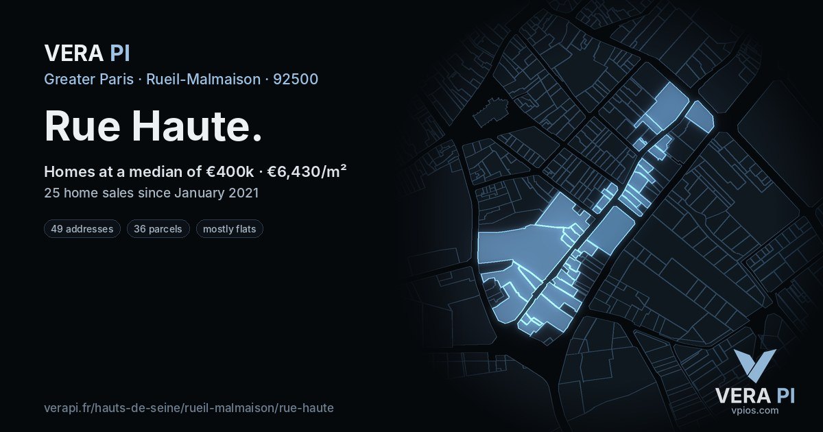 Rue Haute, Rueil-Malmaison at night – every parcel coloured by the prices around it, the street's own parcels lit
