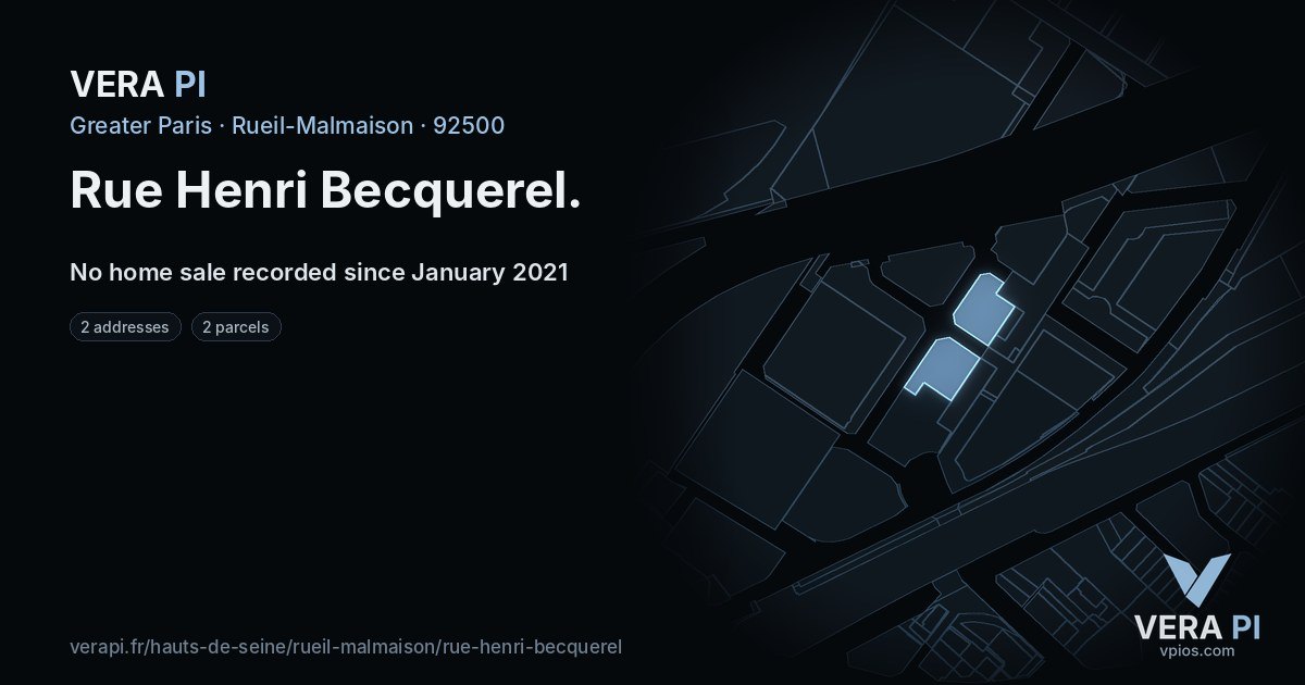 Rue Henri Becquerel, Rueil-Malmaison at night – every parcel coloured by the prices around it, the street's own parcels lit