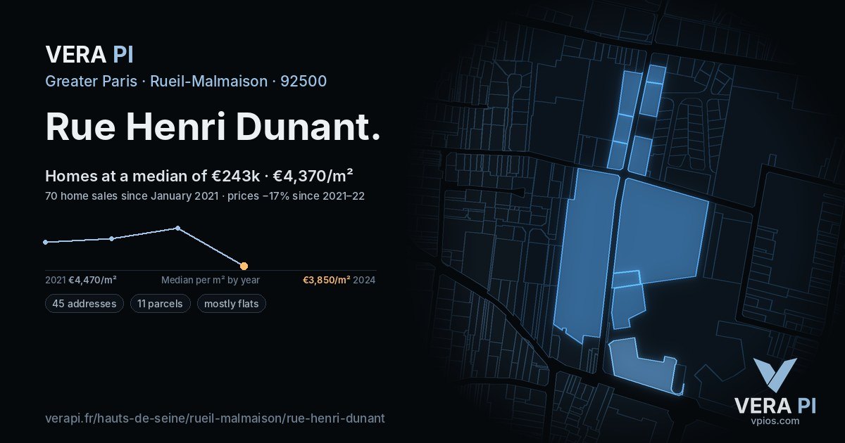Rue Henri Dunant, Rueil-Malmaison at night – every parcel coloured by the prices around it, the street's own parcels lit