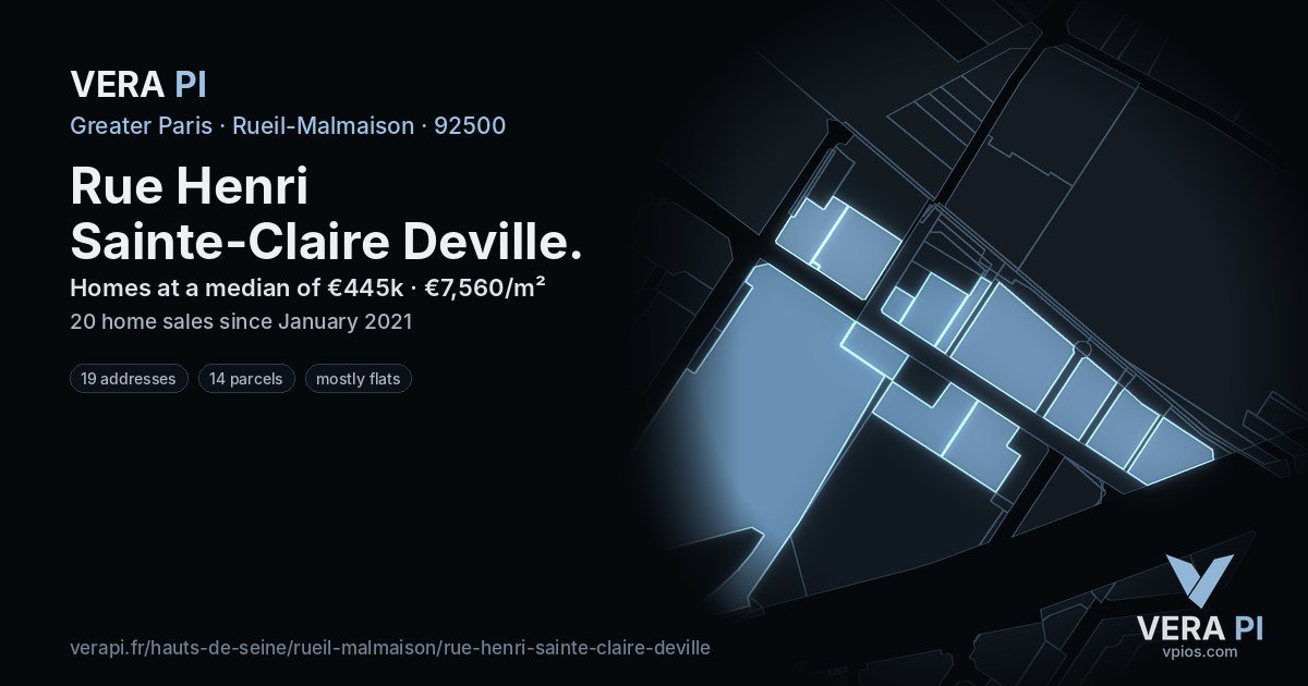 Rue Henri Sainte-Claire Deville, Rueil-Malmaison at night – every parcel coloured by the prices around it, the street's own parcels lit