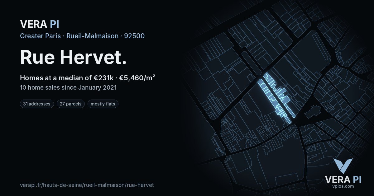 Rue Hervet, Rueil-Malmaison at night – every parcel coloured by the prices around it, the street's own parcels lit