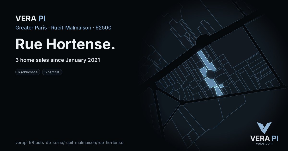 Rue Hortense, Rueil-Malmaison at night – every parcel coloured by the prices around it, the street's own parcels lit