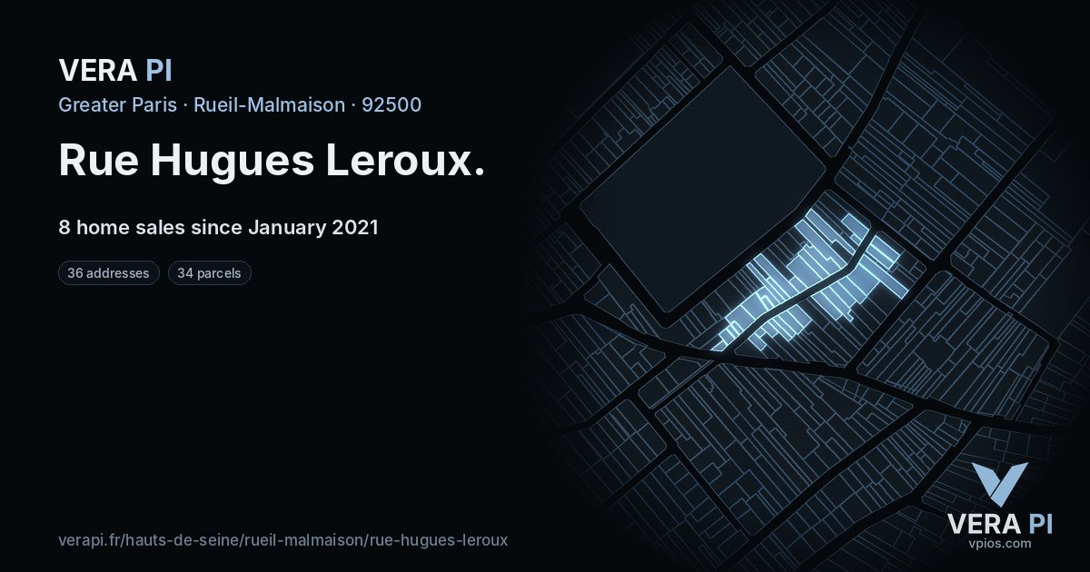 Rue Hugues Leroux, Rueil-Malmaison at night – every parcel coloured by the prices around it, the street's own parcels lit