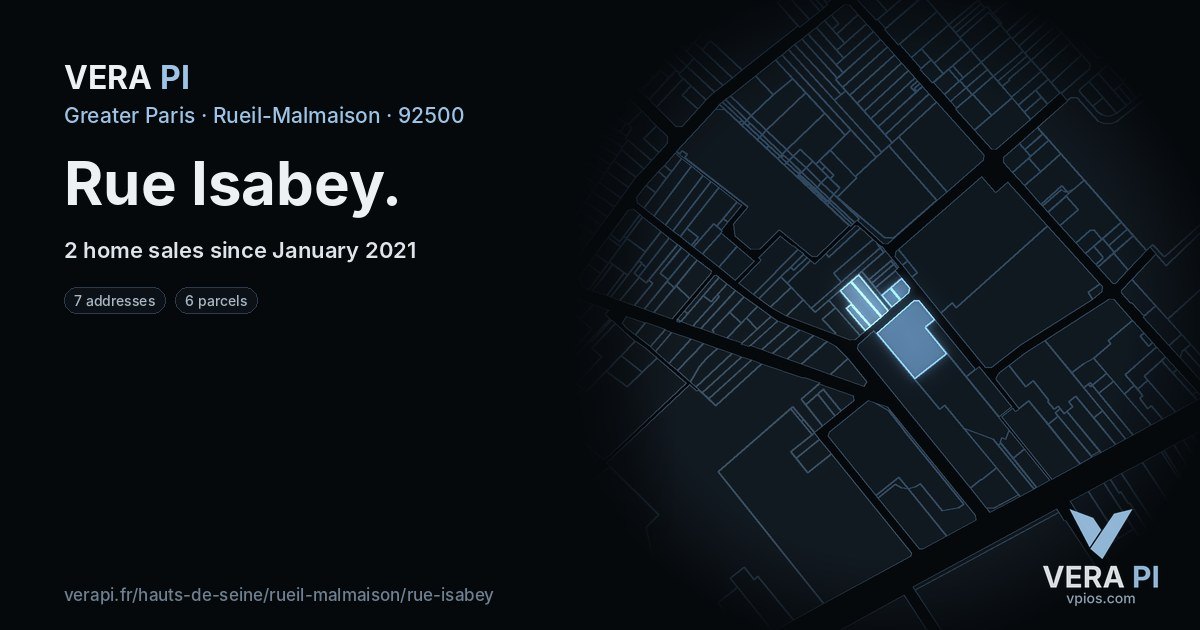 Rue Isabey, Rueil-Malmaison at night – every parcel coloured by the prices around it, the street's own parcels lit