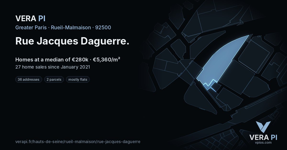 Rue Jacques Daguerre, Rueil-Malmaison at night – every parcel coloured by the prices around it, the street's own parcels lit