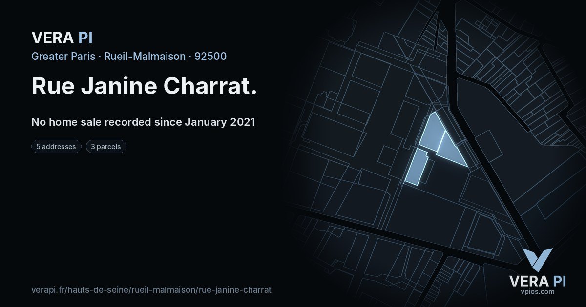 Rue Janine Charrat, Rueil-Malmaison at night – every parcel coloured by the prices around it, the street's own parcels lit