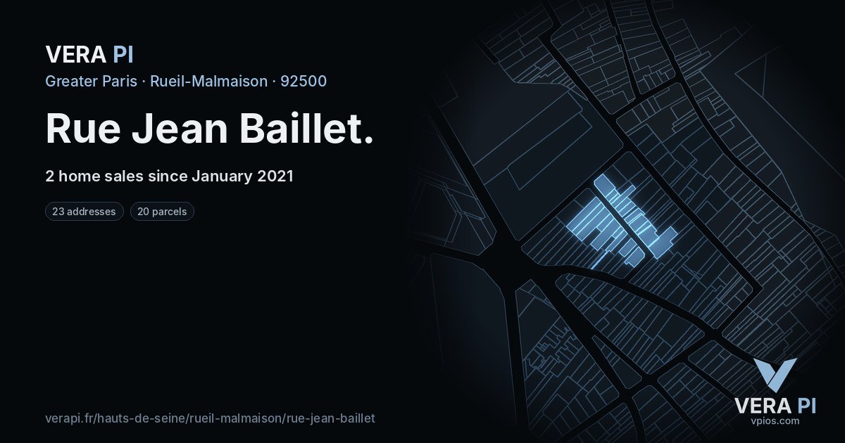 Rue Jean Baillet, Rueil-Malmaison at night – every parcel coloured by the prices around it, the street's own parcels lit