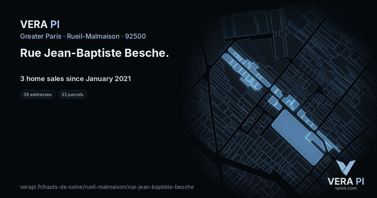 Rue Jean-Baptiste Besche, Rueil-Malmaison at night – every parcel coloured by the prices around it, the street's own parcels lit
