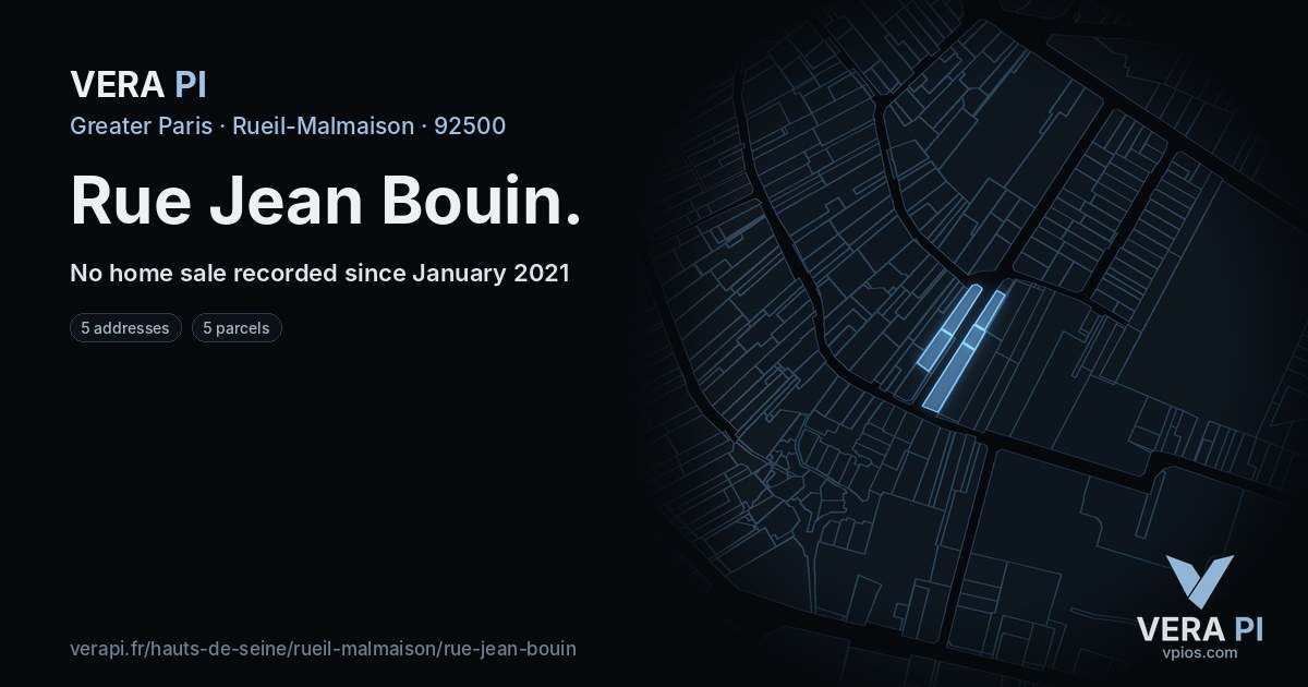 Rue Jean Bouin, Rueil-Malmaison at night – every parcel coloured by the prices around it, the street's own parcels lit