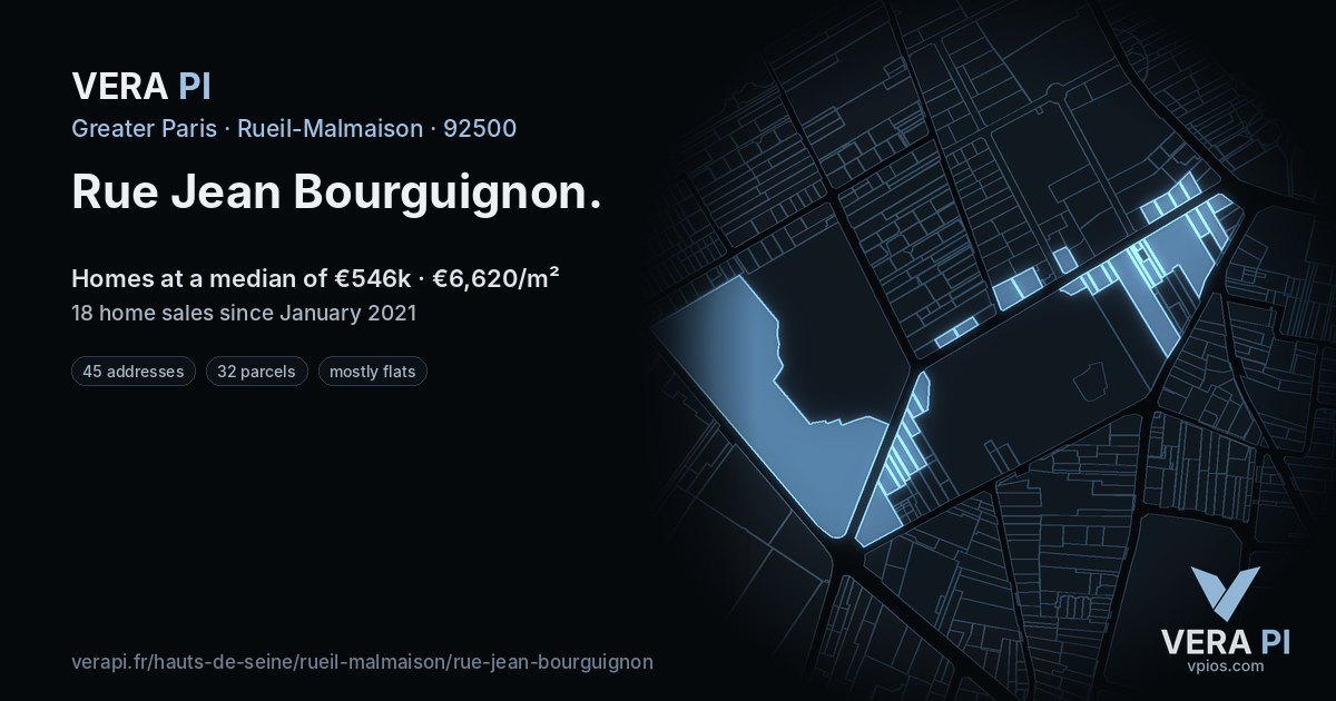Rue Jean Bourguignon, Rueil-Malmaison at night – every parcel coloured by the prices around it, the street's own parcels lit