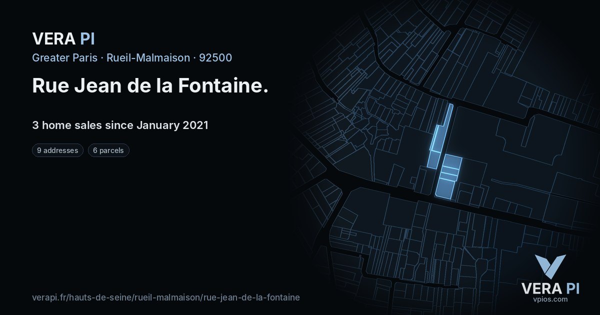 Rue Jean de la Fontaine, Rueil-Malmaison at night – every parcel coloured by the prices around it, the street's own parcels lit