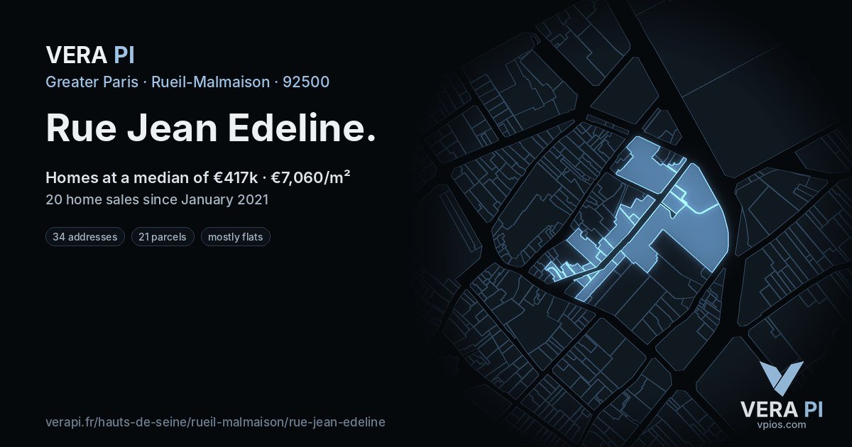 Rue Jean Edeline, Rueil-Malmaison at night – every parcel coloured by the prices around it, the street's own parcels lit