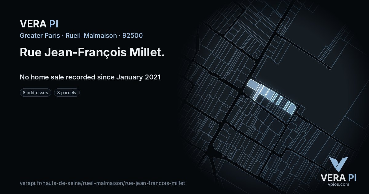 Rue Jean-François Millet, Rueil-Malmaison at night – every parcel coloured by the prices around it, the street's own parcels lit
