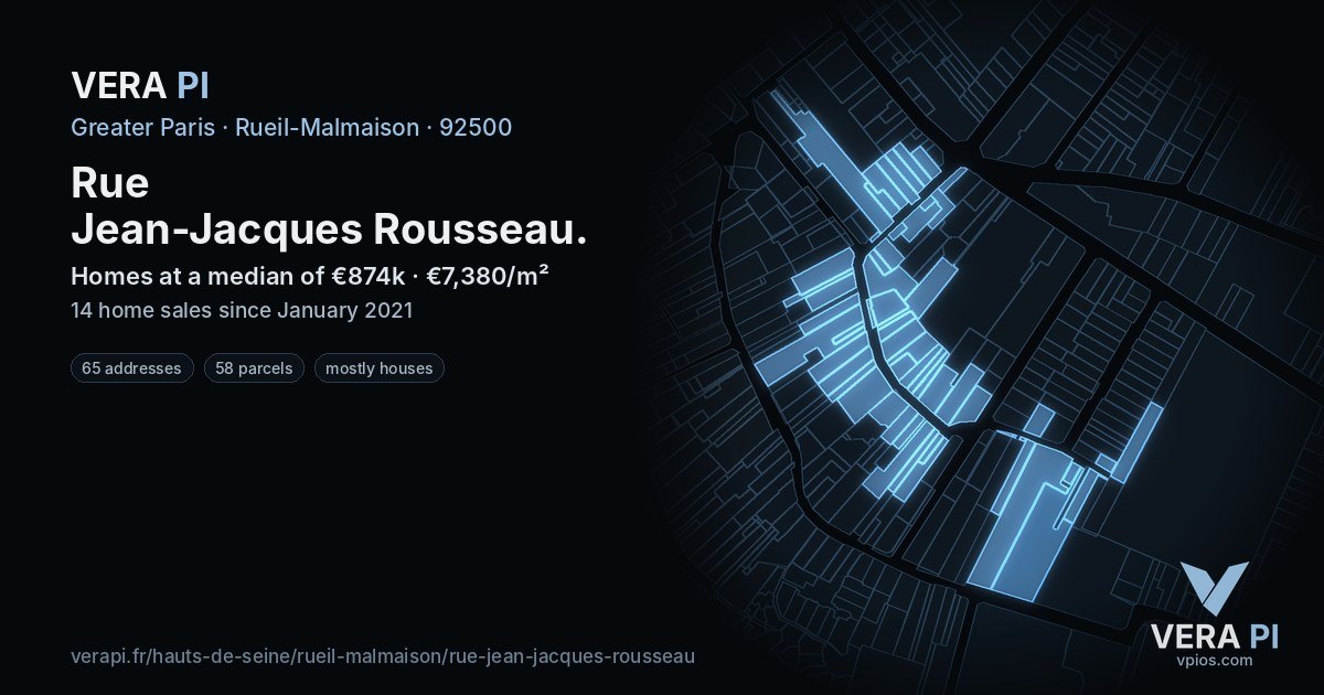 Rue Jean-Jacques Rousseau, Rueil-Malmaison at night – every parcel coloured by the prices around it, the street's own parcels lit