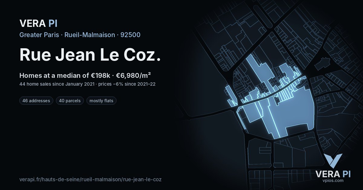 Rue Jean Le Coz, Rueil-Malmaison at night – every parcel coloured by the prices around it, the street's own parcels lit