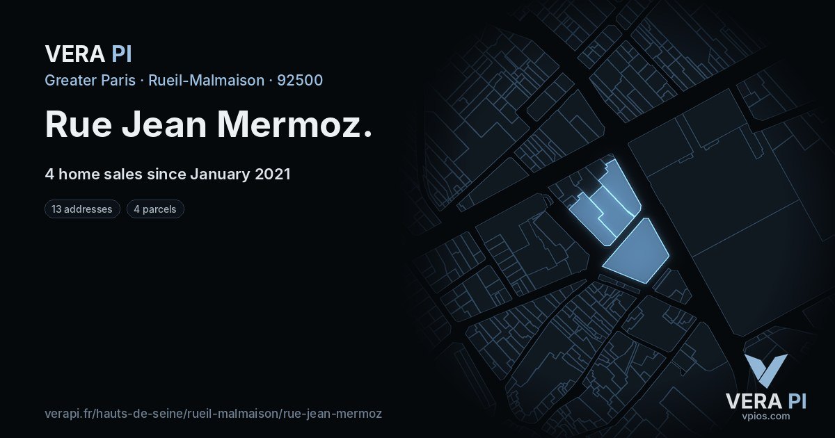 Rue Jean Mermoz, Rueil-Malmaison at night – every parcel coloured by the prices around it, the street's own parcels lit