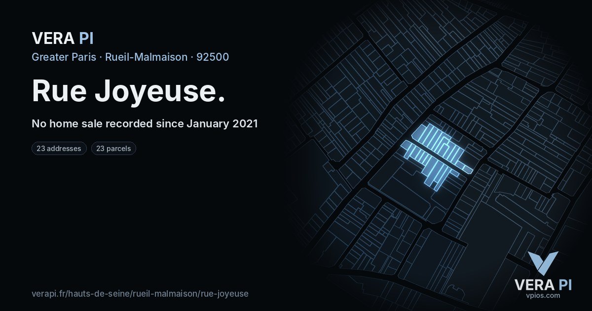 Rue Joyeuse, Rueil-Malmaison at night – every parcel coloured by the prices around it, the street's own parcels lit