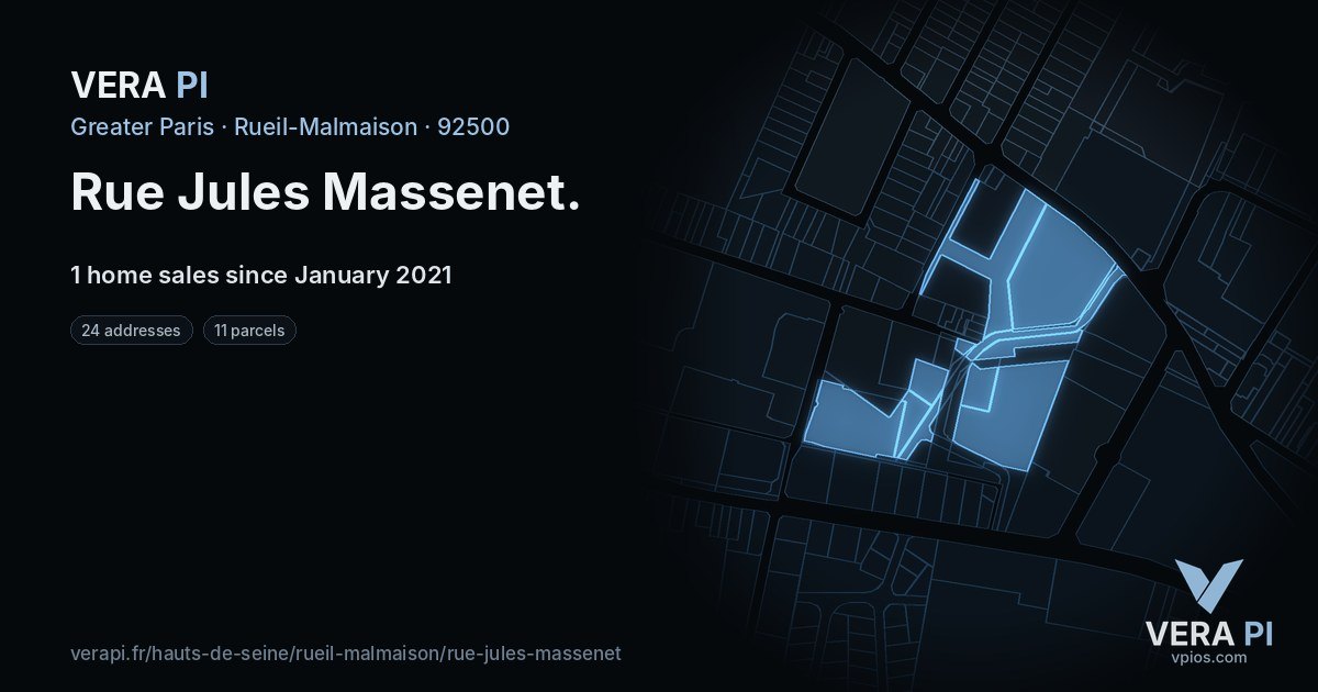 Rue Jules Massenet, Rueil-Malmaison at night – every parcel coloured by the prices around it, the street's own parcels lit