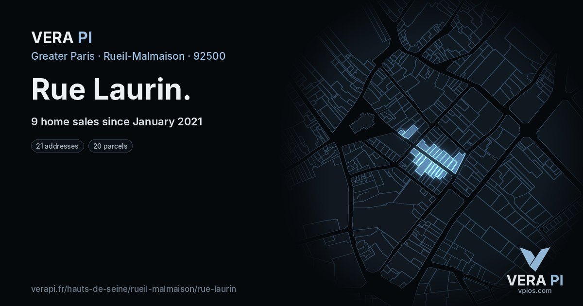 Rue Laurin, Rueil-Malmaison at night – every parcel coloured by the prices around it, the street's own parcels lit