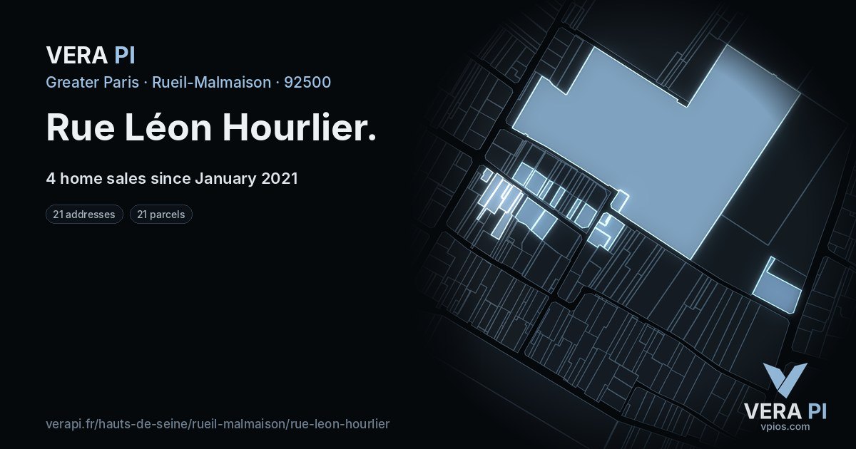 Rue Léon Hourlier, Rueil-Malmaison at night – every parcel coloured by the prices around it, the street's own parcels lit