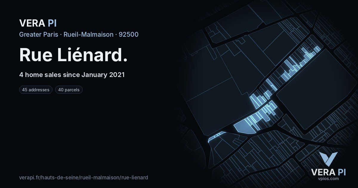 Rue Liénard, Rueil-Malmaison at night – every parcel coloured by the prices around it, the street's own parcels lit