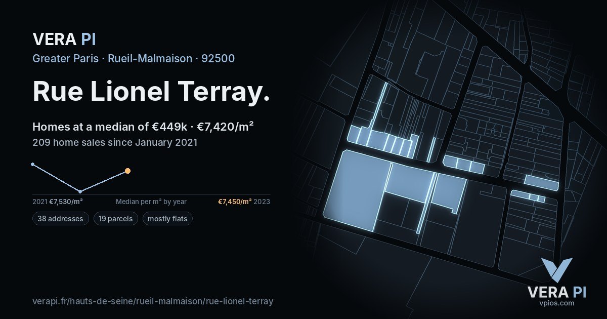 Rue Lionel Terray, Rueil-Malmaison at night – every parcel coloured by the prices around it, the street's own parcels lit