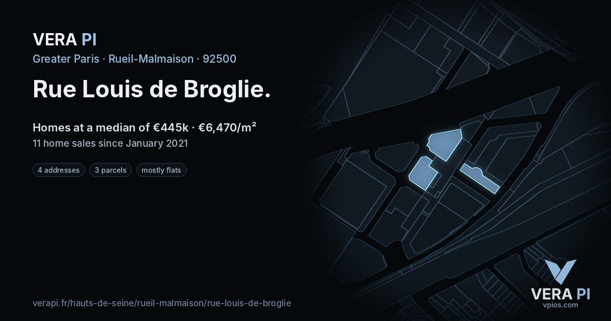 Rue Louis de Broglie, Rueil-Malmaison at night – every parcel coloured by the prices around it, the street's own parcels lit