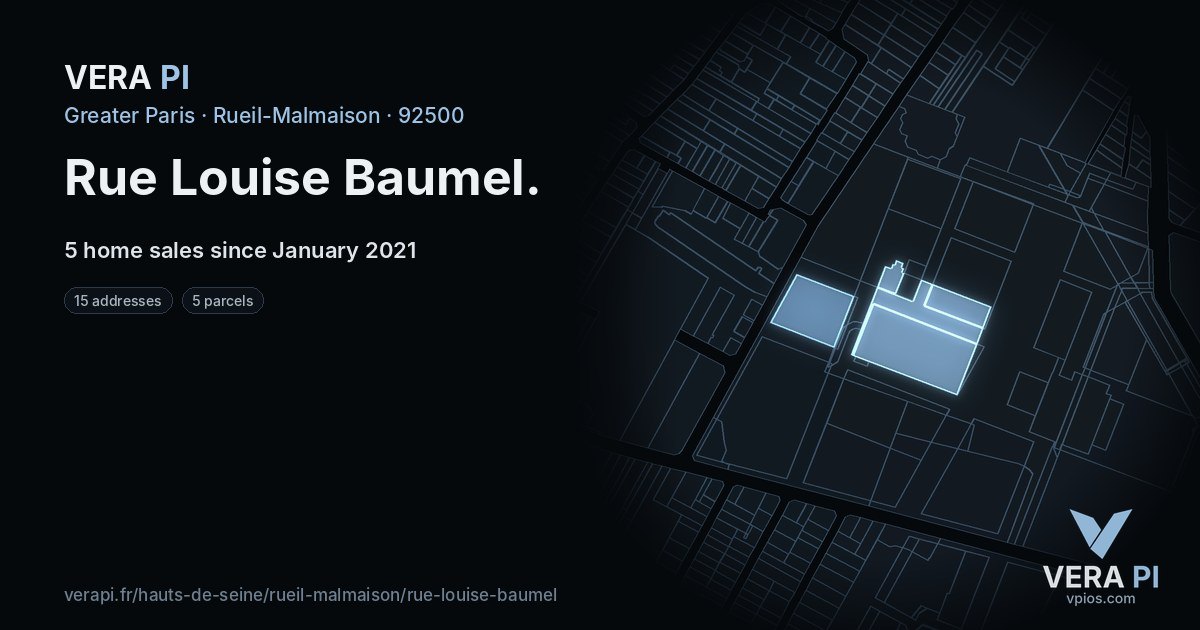 Rue Louise Baumel, Rueil-Malmaison at night – every parcel coloured by the prices around it, the street's own parcels lit