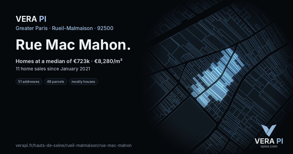 Rue Mac Mahon, Rueil-Malmaison at night – every parcel coloured by the prices around it, the street's own parcels lit
