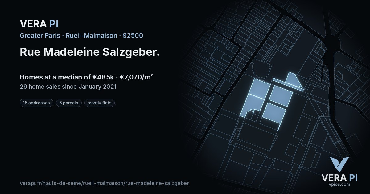 Rue Madeleine Salzgeber, Rueil-Malmaison at night – every parcel coloured by the prices around it, the street's own parcels lit
