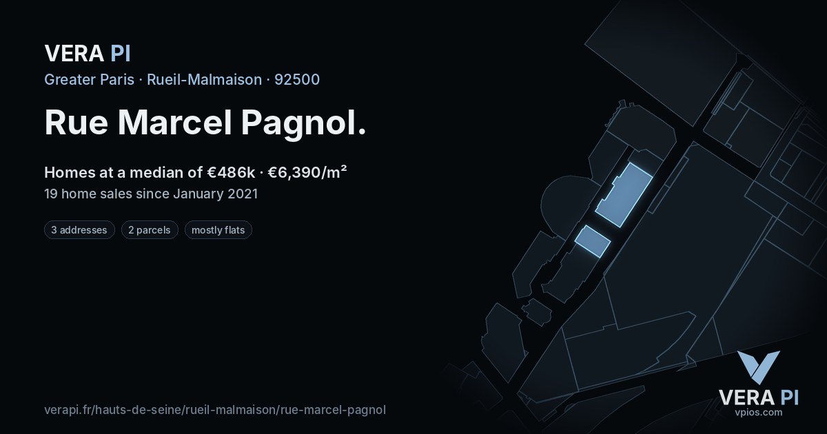 Rue Marcel Pagnol, Rueil-Malmaison at night – every parcel coloured by the prices around it, the street's own parcels lit