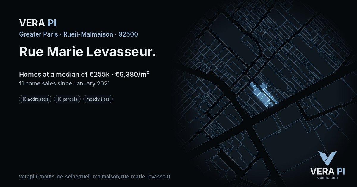 Rue Marie Levasseur, Rueil-Malmaison at night – every parcel coloured by the prices around it, the street's own parcels lit