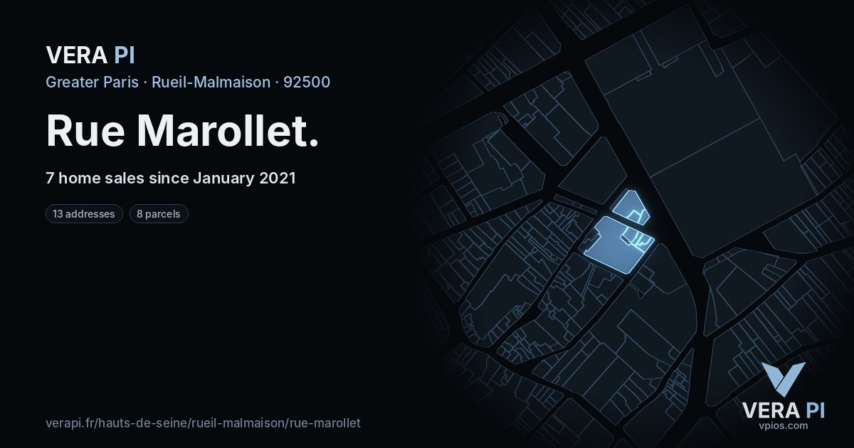 Rue Marollet, Rueil-Malmaison at night – every parcel coloured by the prices around it, the street's own parcels lit