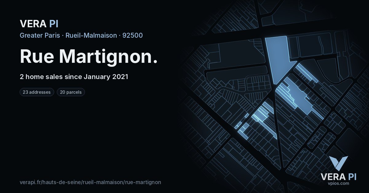 Rue Martignon, Rueil-Malmaison at night – every parcel coloured by the prices around it, the street's own parcels lit