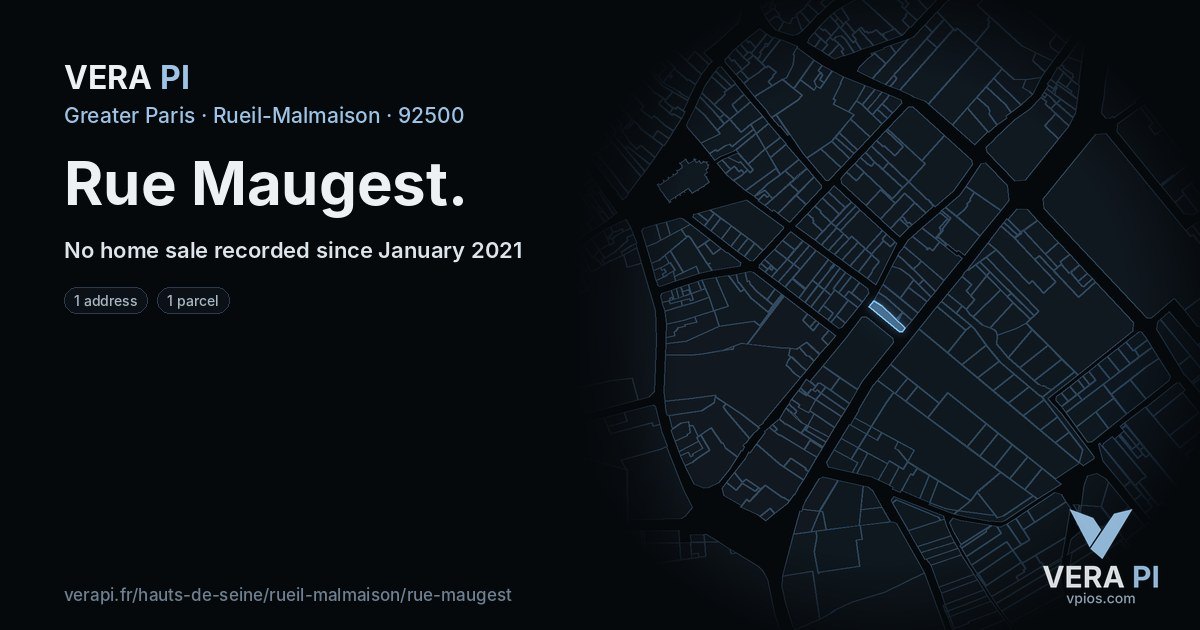 Rue Maugest, Rueil-Malmaison at night – every parcel coloured by the prices around it, the street's own parcels lit