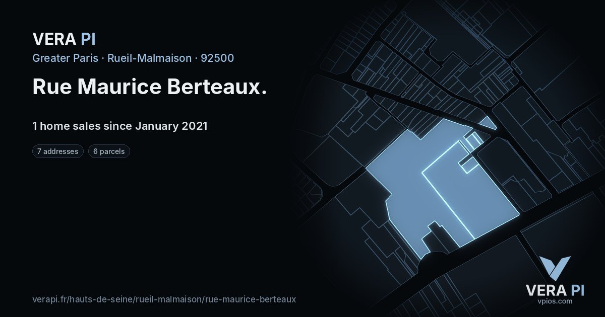 Rue Maurice Berteaux, Rueil-Malmaison at night – every parcel coloured by the prices around it, the street's own parcels lit