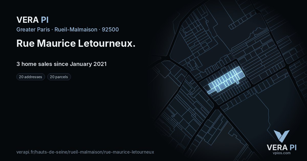 Rue Maurice Letourneux, Rueil-Malmaison at night – every parcel coloured by the prices around it, the street's own parcels lit