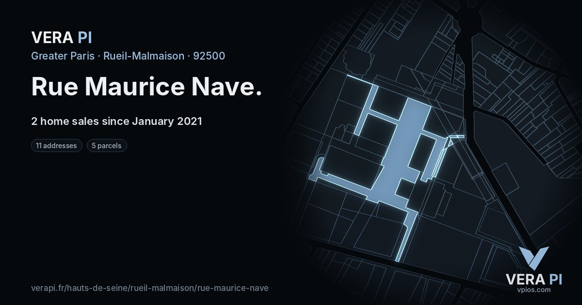 Rue Maurice Nave, Rueil-Malmaison at night – every parcel coloured by the prices around it, the street's own parcels lit