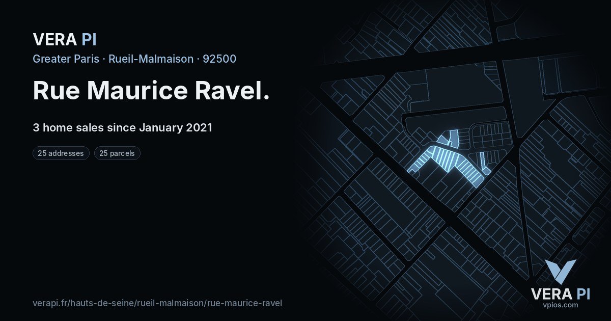 Rue Maurice Ravel, Rueil-Malmaison at night – every parcel coloured by the prices around it, the street's own parcels lit