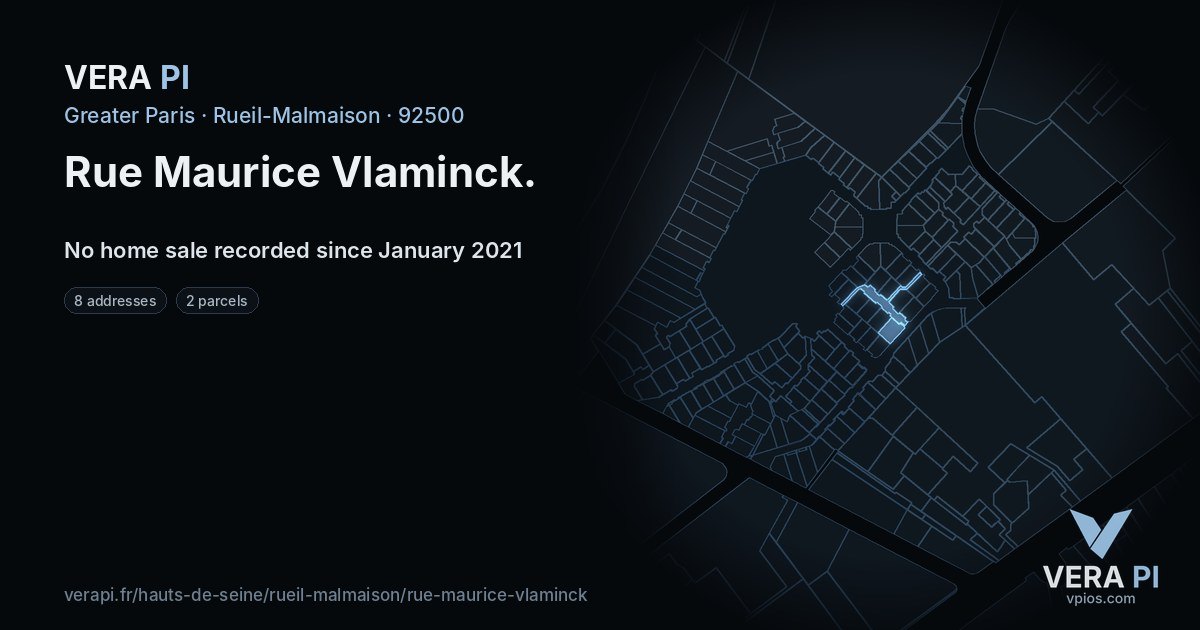 Rue Maurice Vlaminck, Rueil-Malmaison at night – every parcel coloured by the prices around it, the street's own parcels lit