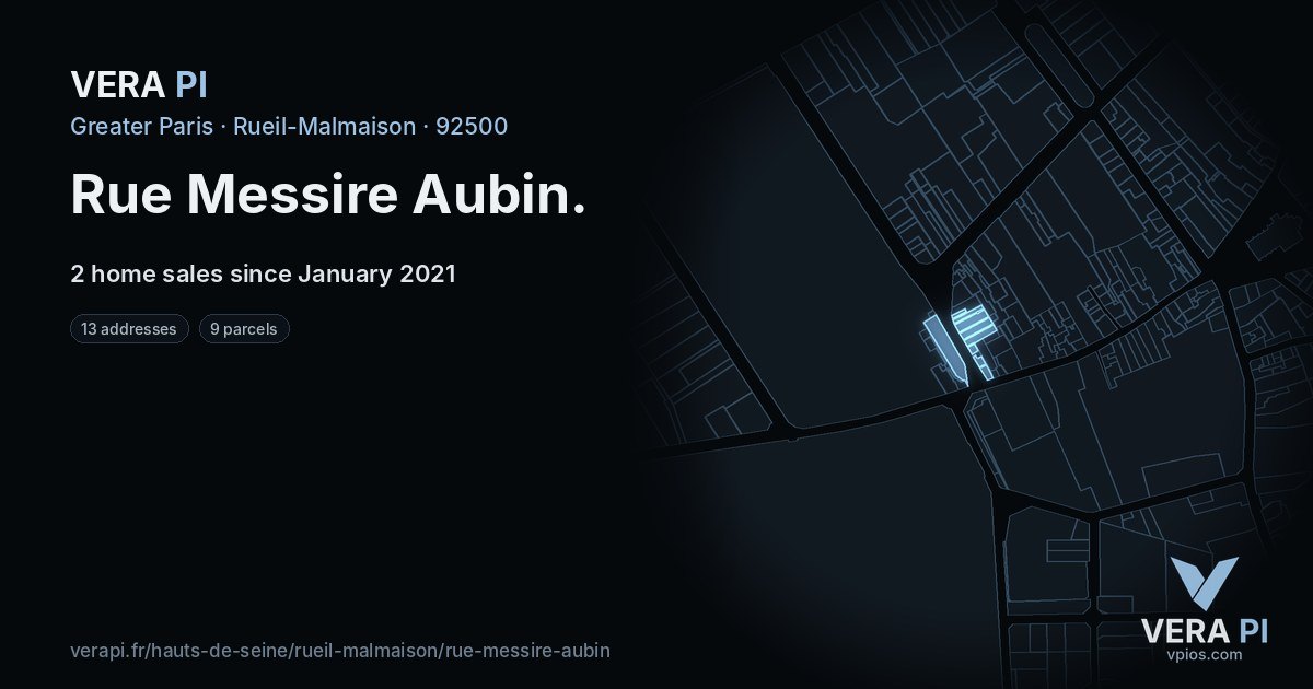 Rue Messire Aubin, Rueil-Malmaison at night – every parcel coloured by the prices around it, the street's own parcels lit
