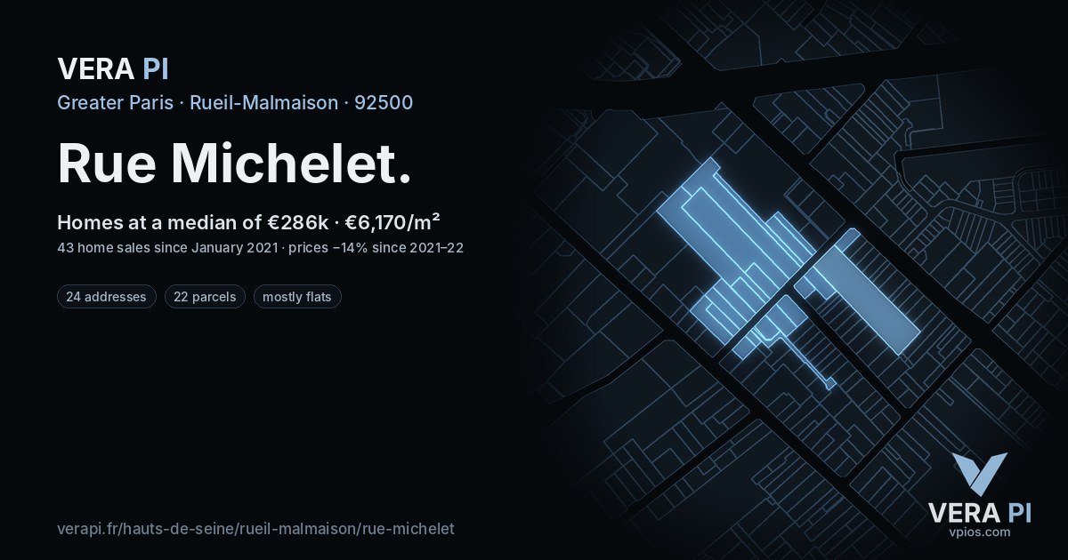 Rue Michelet, Rueil-Malmaison at night – every parcel coloured by the prices around it, the street's own parcels lit
