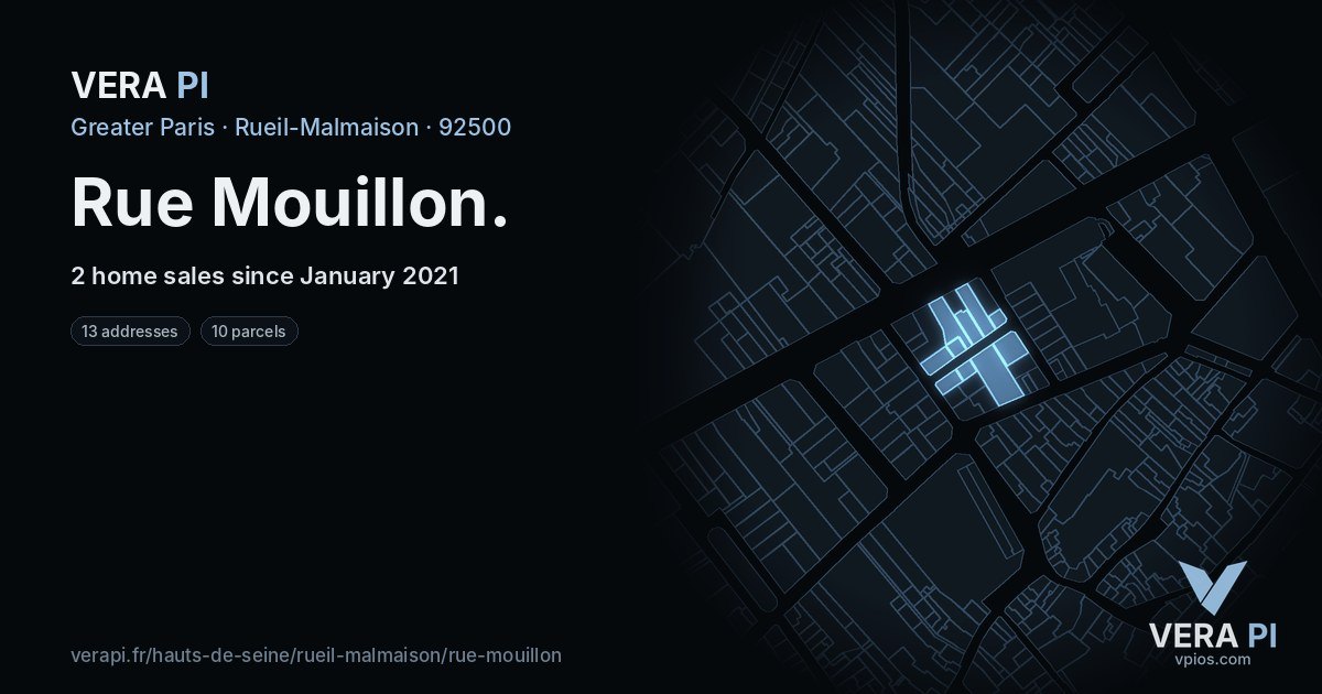 Rue Mouillon, Rueil-Malmaison at night – every parcel coloured by the prices around it, the street's own parcels lit