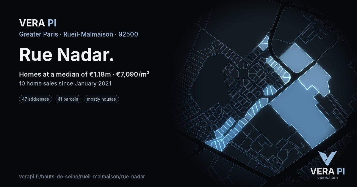 Rue Nadar, Rueil-Malmaison at night – every parcel coloured by the prices around it, the street's own parcels lit