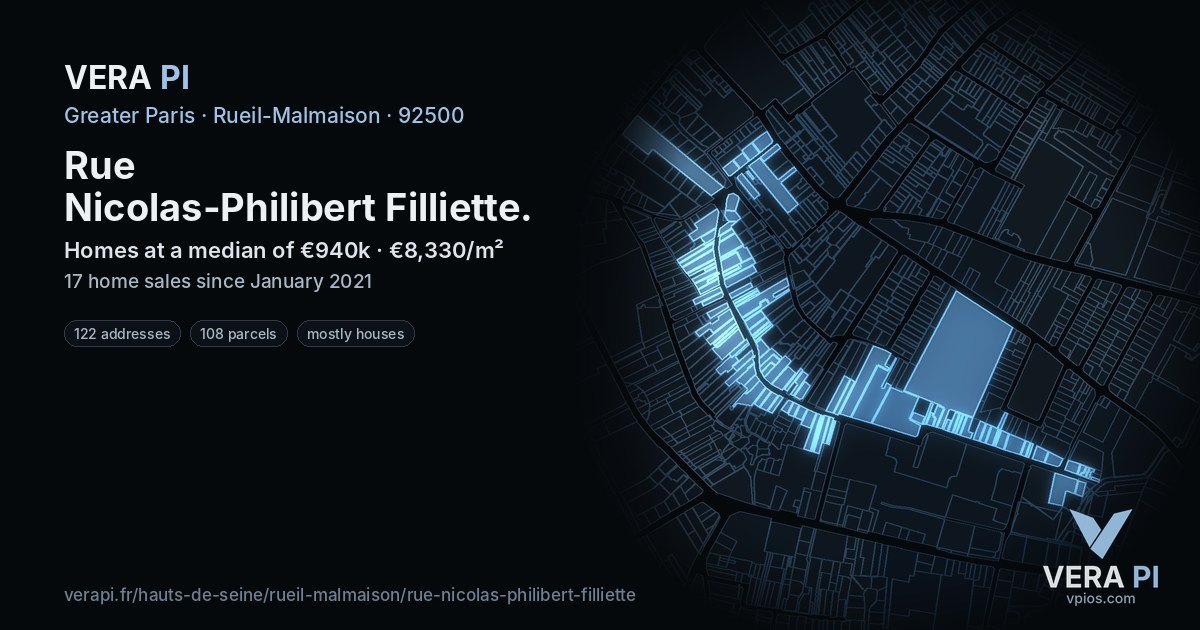 Rue Nicolas-Philibert Filliette, Rueil-Malmaison at night – every parcel coloured by the prices around it, the street's own parcels lit