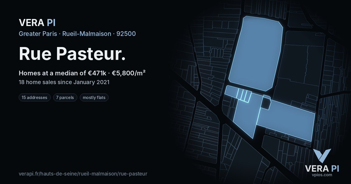 Rue Pasteur, Rueil-Malmaison at night – every parcel coloured by the prices around it, the street's own parcels lit