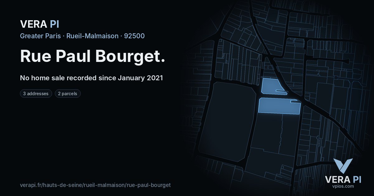 Rue Paul Bourget, Rueil-Malmaison at night – every parcel coloured by the prices around it, the street's own parcels lit