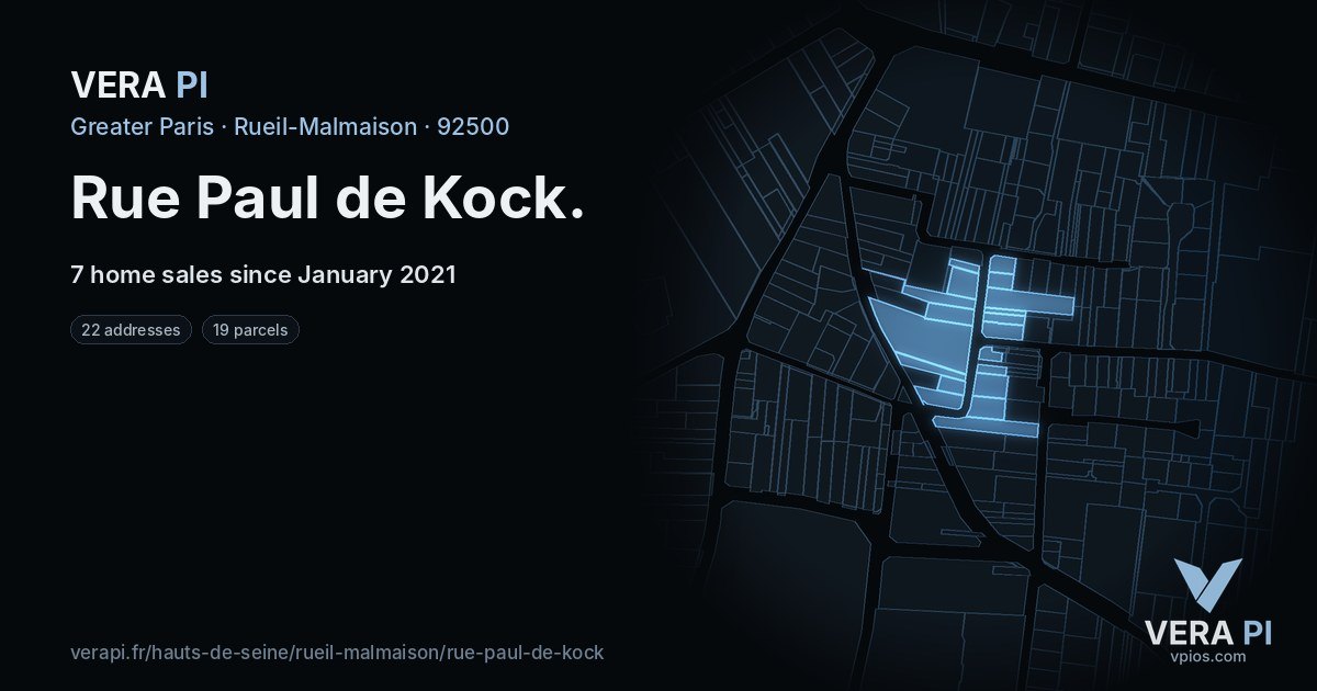 Rue Paul de Kock, Rueil-Malmaison at night – every parcel coloured by the prices around it, the street's own parcels lit