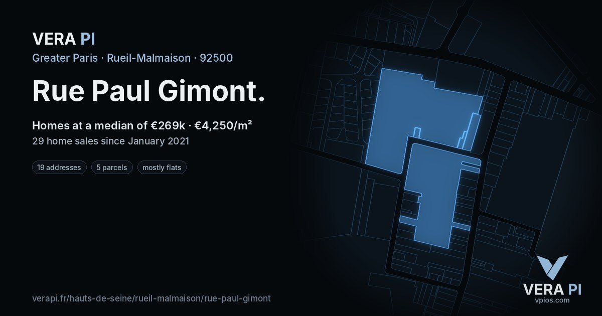 Rue Paul Gimont, Rueil-Malmaison at night – every parcel coloured by the prices around it, the street's own parcels lit